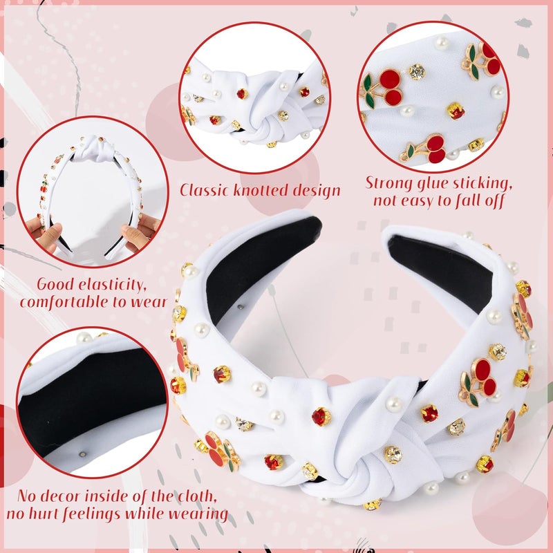 PANTIDE Cherry Jeweled Knotted Headband - Red Cherry Cute Charms Rhinestone Pearl Embellished Headband Wide Top Knot Non Slip Fashion Hairband Hair Accessories Birthday Gift for Women Girl (White) - Image 3
